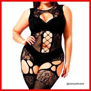 Plus Size Fishnet Bodystocking, Floral Print, Sleeveless Keyhole Design